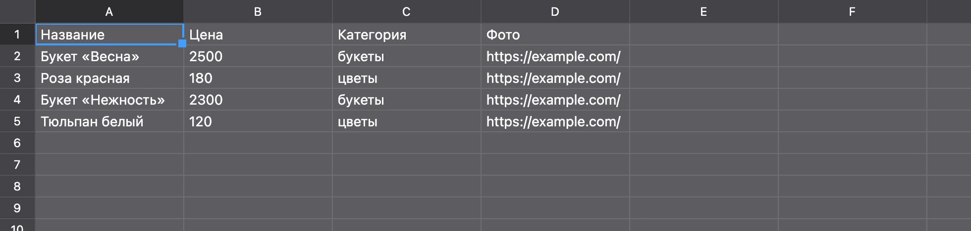 Лист для бота: заголовки в первой строке, ссылки на фото в столбце D