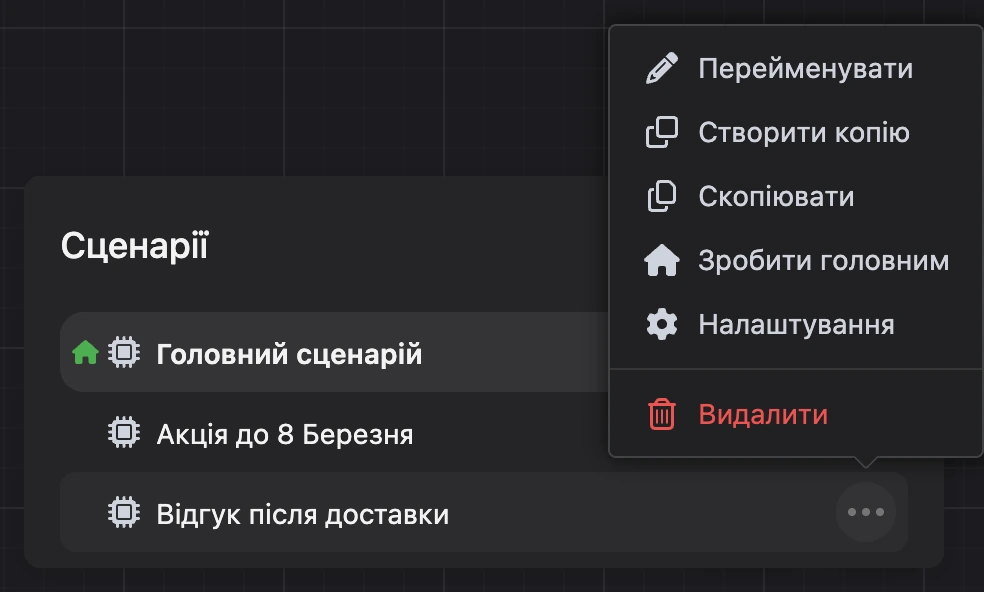 Вікно «Сценарії»: меню сценарію відкрите, внизу — «Видалити»