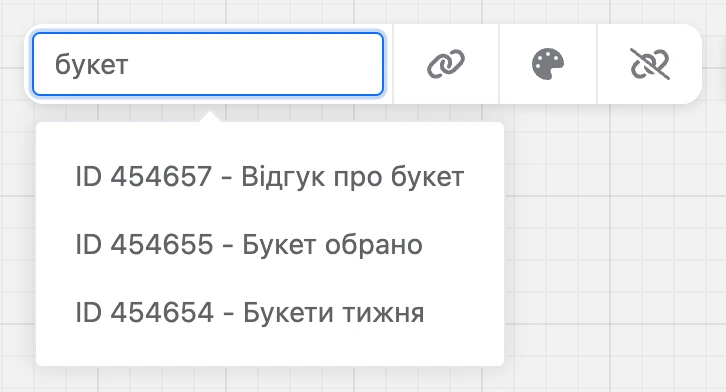 Пошук блоку: запит «букет» і список відповідних блоків з ID