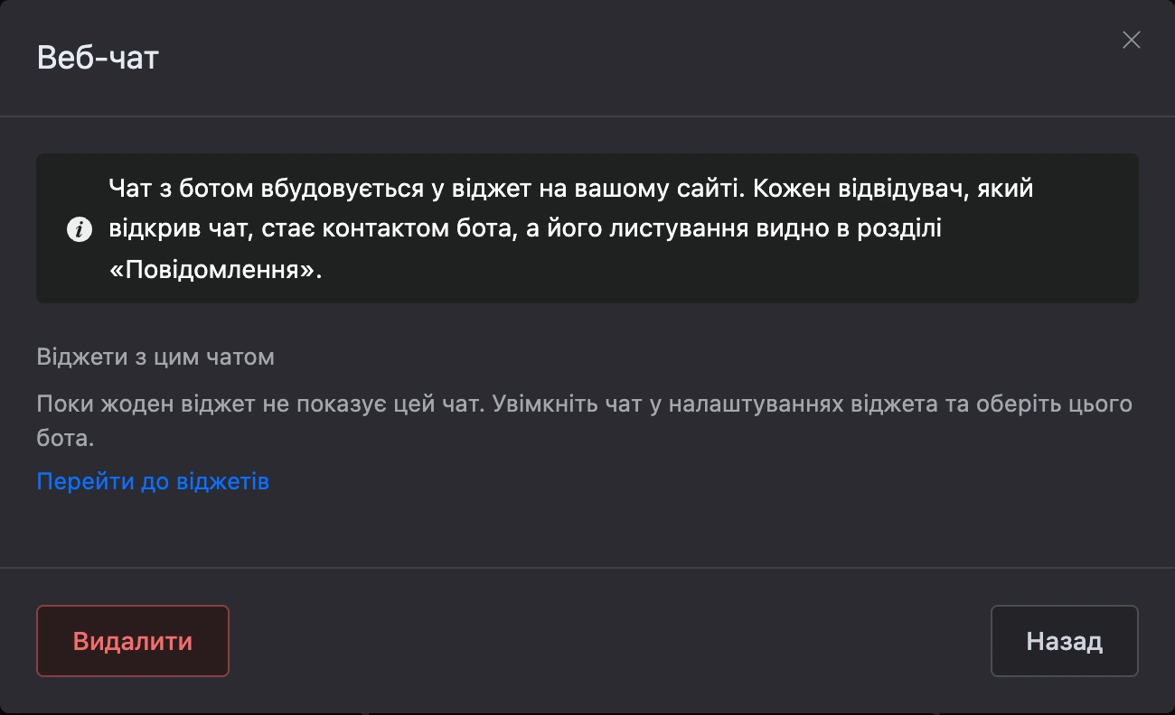 Вікно каналу «Веб-чат»: опис і список віджетів із цим чатом