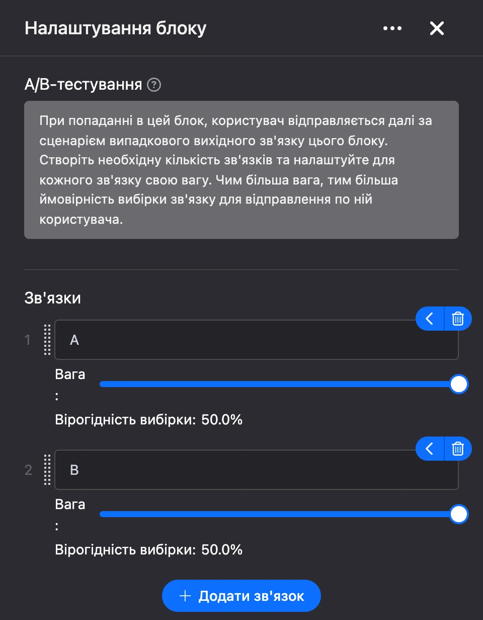Панель налаштувань блоку «A/B-тестування»