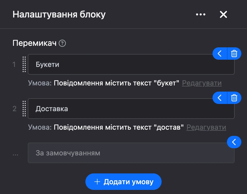 Панель налаштувань блоку «Перемикач»