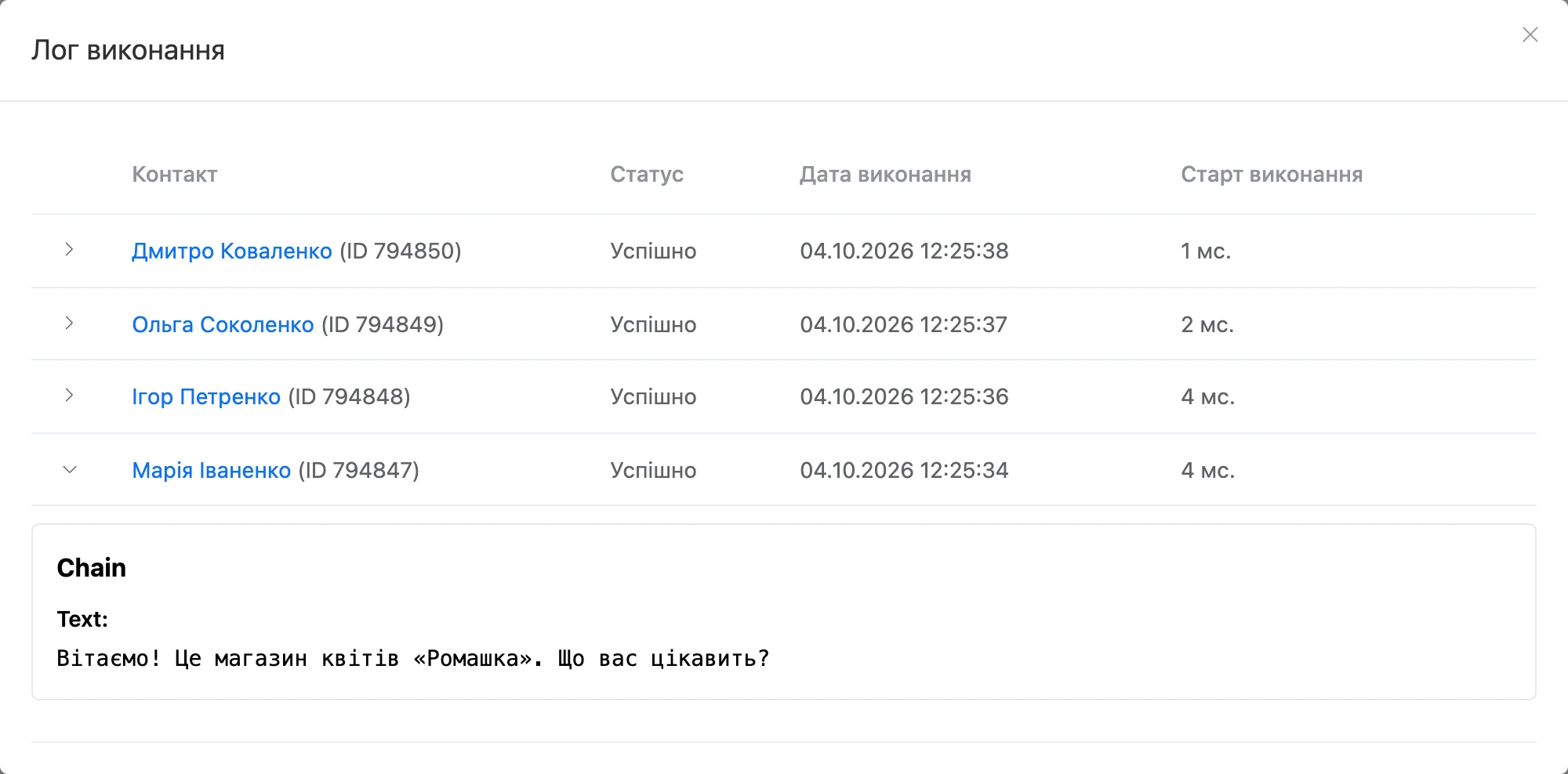 Вікно «Лог виконання»: контакти, статус, час початку й тривалість, розгорнутий запис