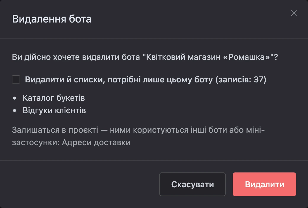 Підтвердження видалення бота