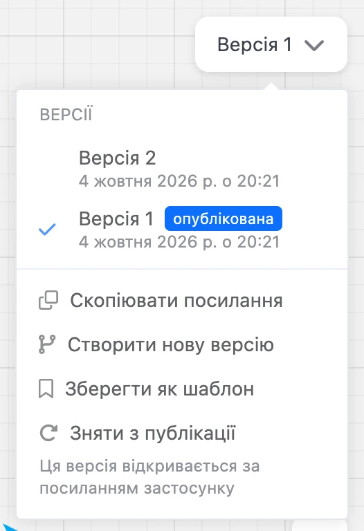 Меню версій: опублікована версія та нова