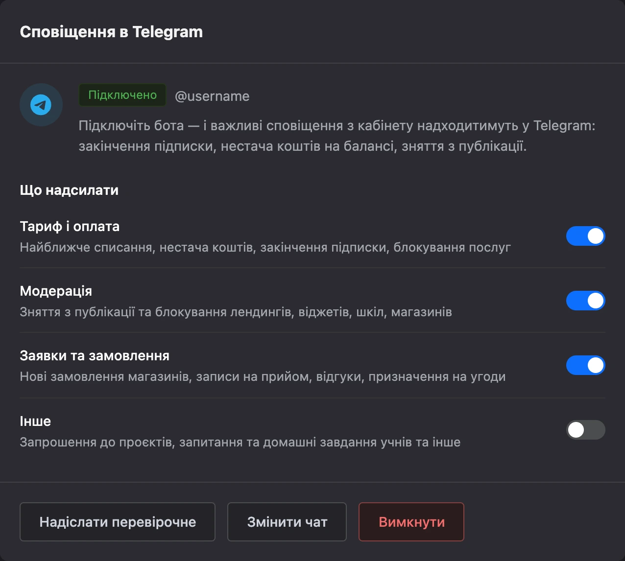 Картка «Сповіщення в Telegram»